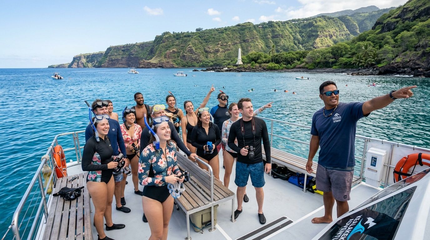 A tour guide pointing towards the coastline for a group of snorkelers on a boat in Hawaii.