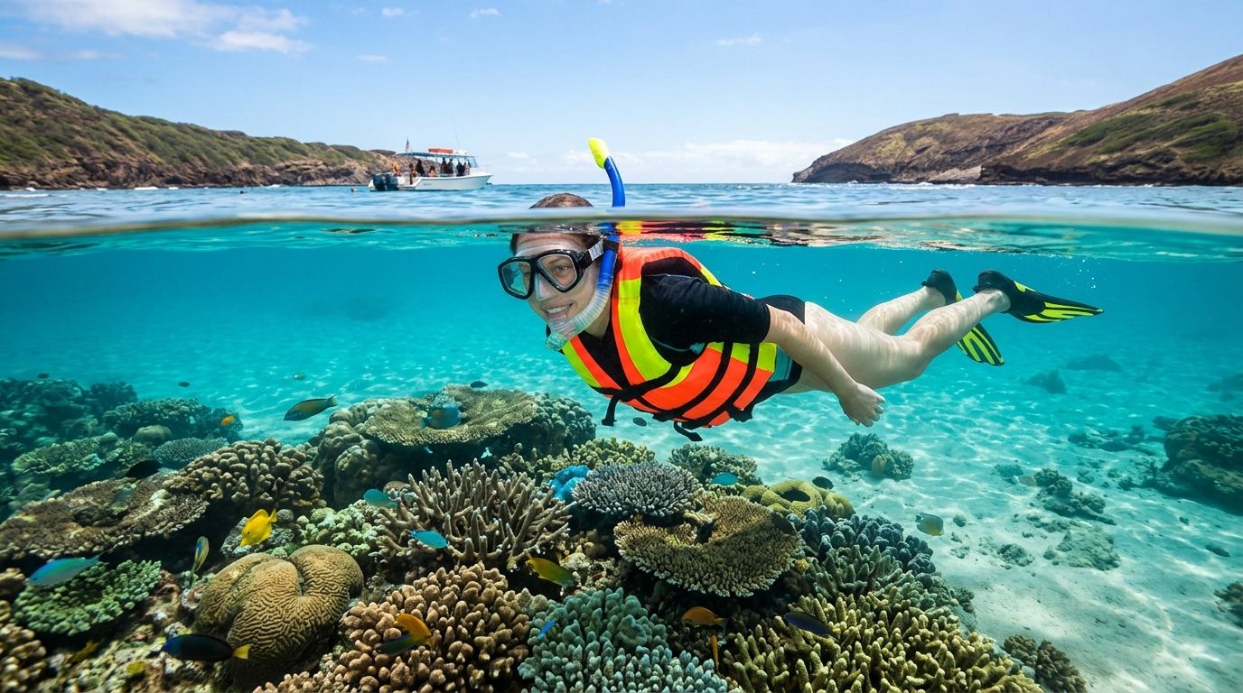 A woman snorkeling in clear tropical water with colorful coral reefs and exotic fish in Hawaii.