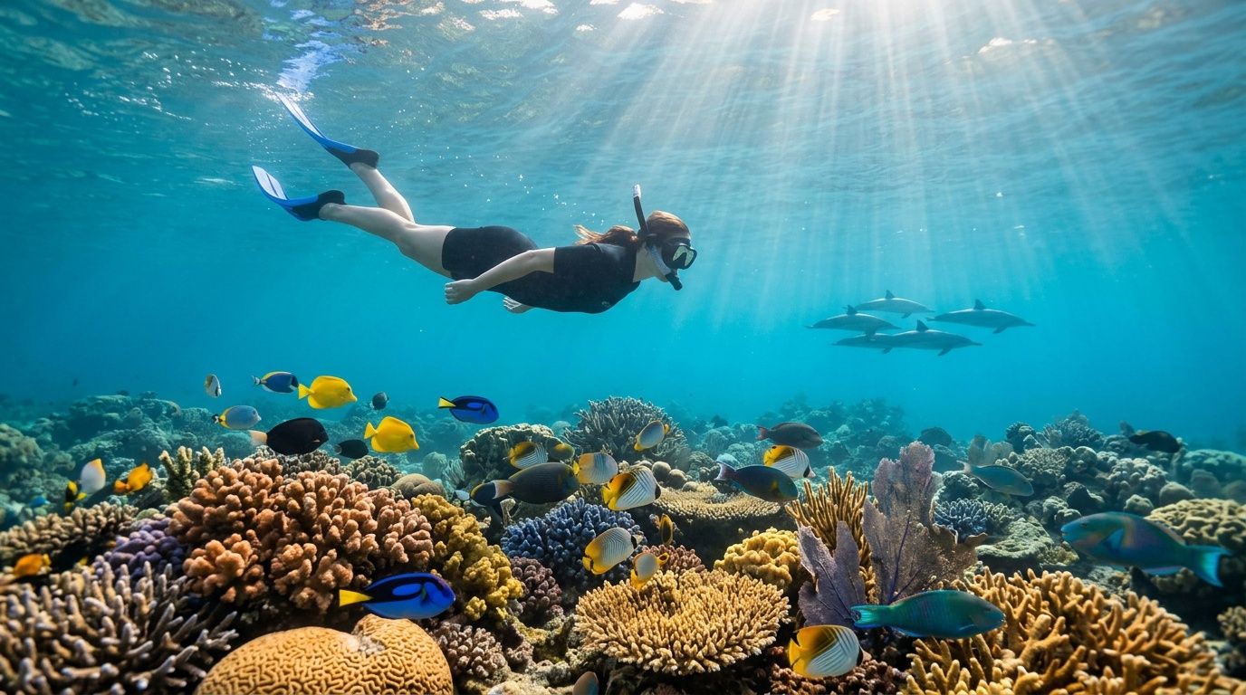 A snorkeler swims near a vibrant tropical coral reef with dolphins in the clear blue water.
