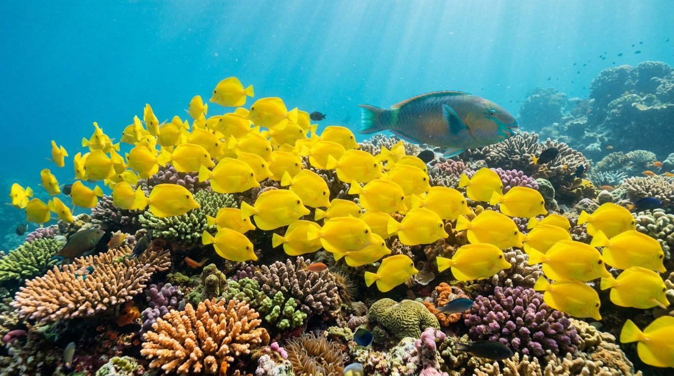 A large school of vibrant yellow tang fish swimming around a beautiful coral reef in Hawaii.