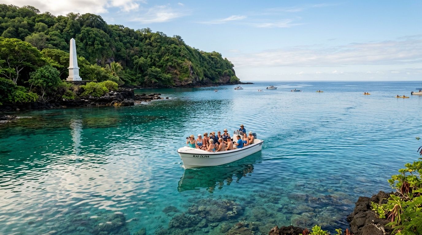 A tourist boat named Kai Olina cruises through the clear turquoise waters near a historic monument.