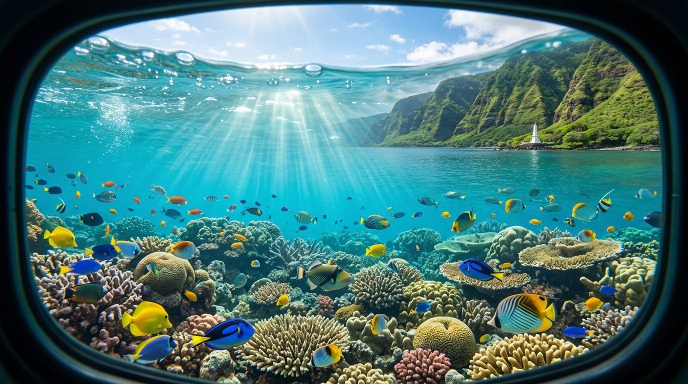 A vibrant underwater view of a coral reef with colorful tropical fish viewed through a window.