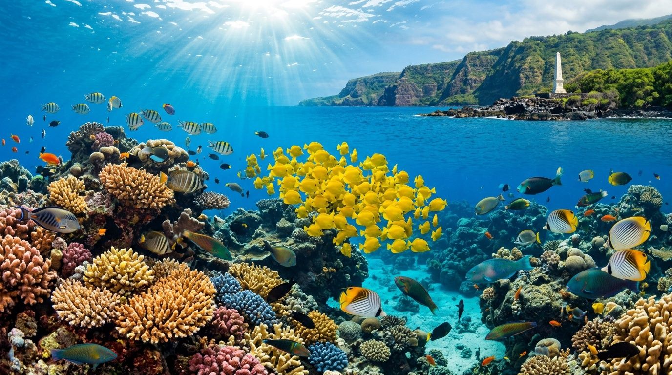 A vibrant coral reef teeming with colorful tropical fish beneath a clear blue Hawaiian coastal sky.