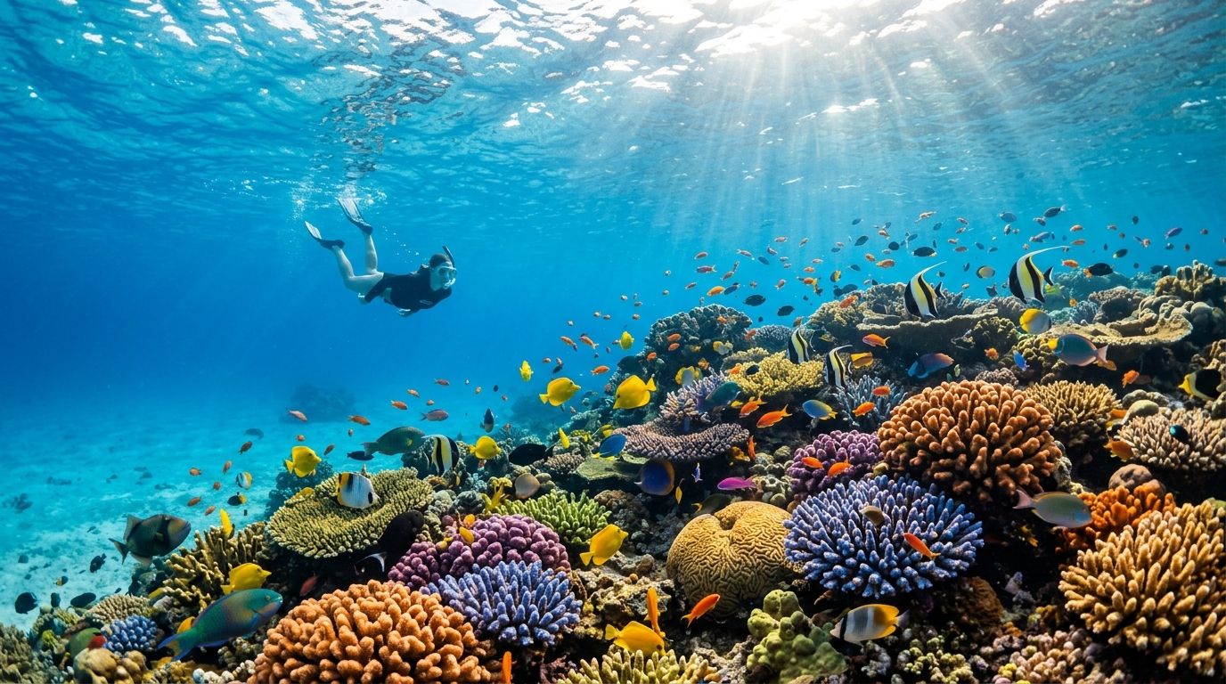 A snorkeler swims over a vibrant coral reef teeming with colorful tropical fish in crystal clear water.