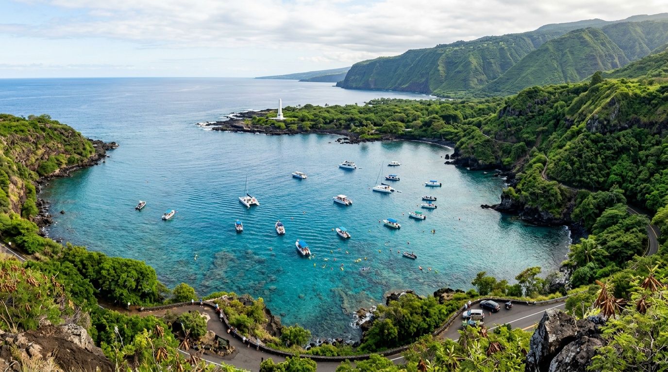Kealakekua Bay with boats, crystal clear blue water, and a historic monument on the green shore.