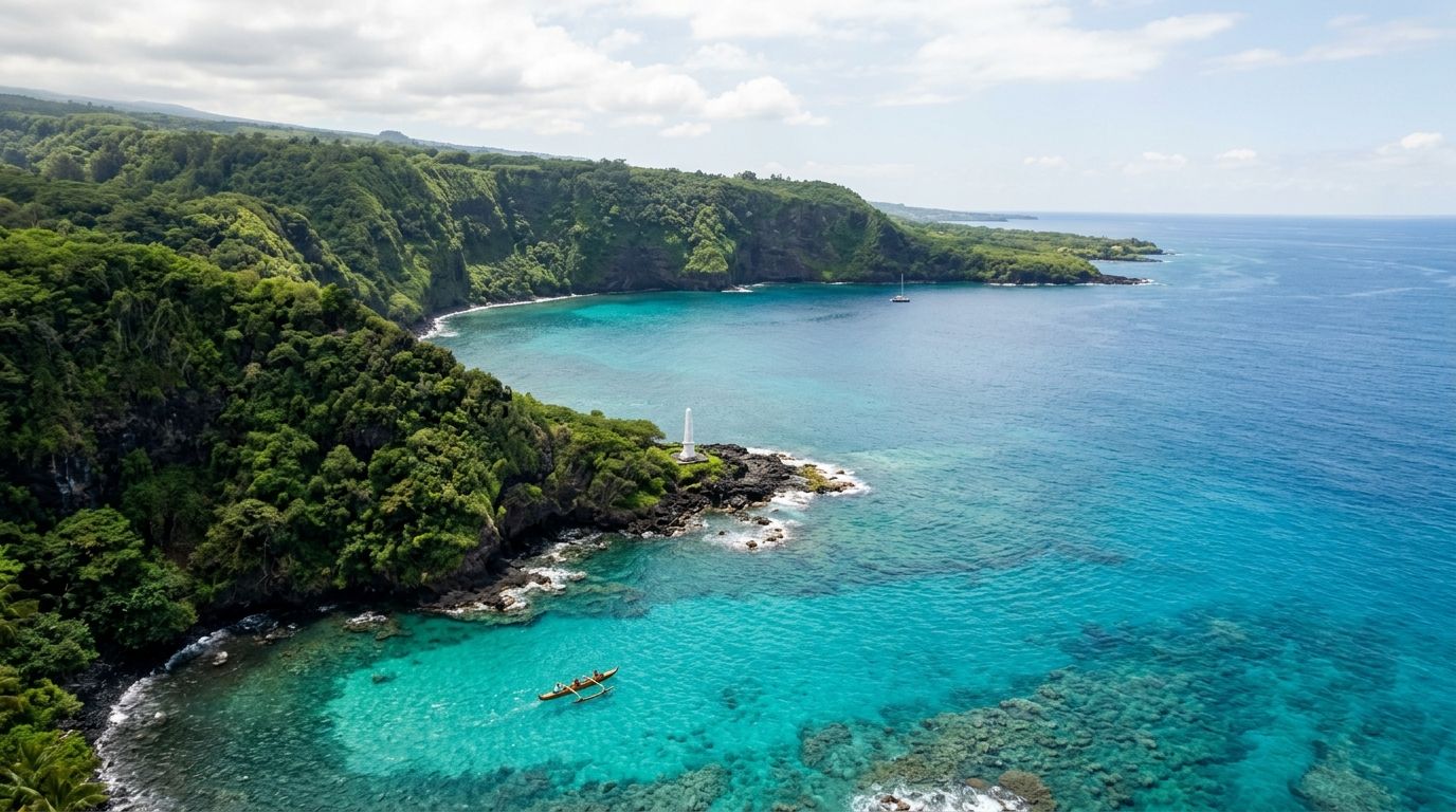 A traditional outrigger canoe floats in the clear turquoise waters near the Captain Cook Monument in Hawaii.