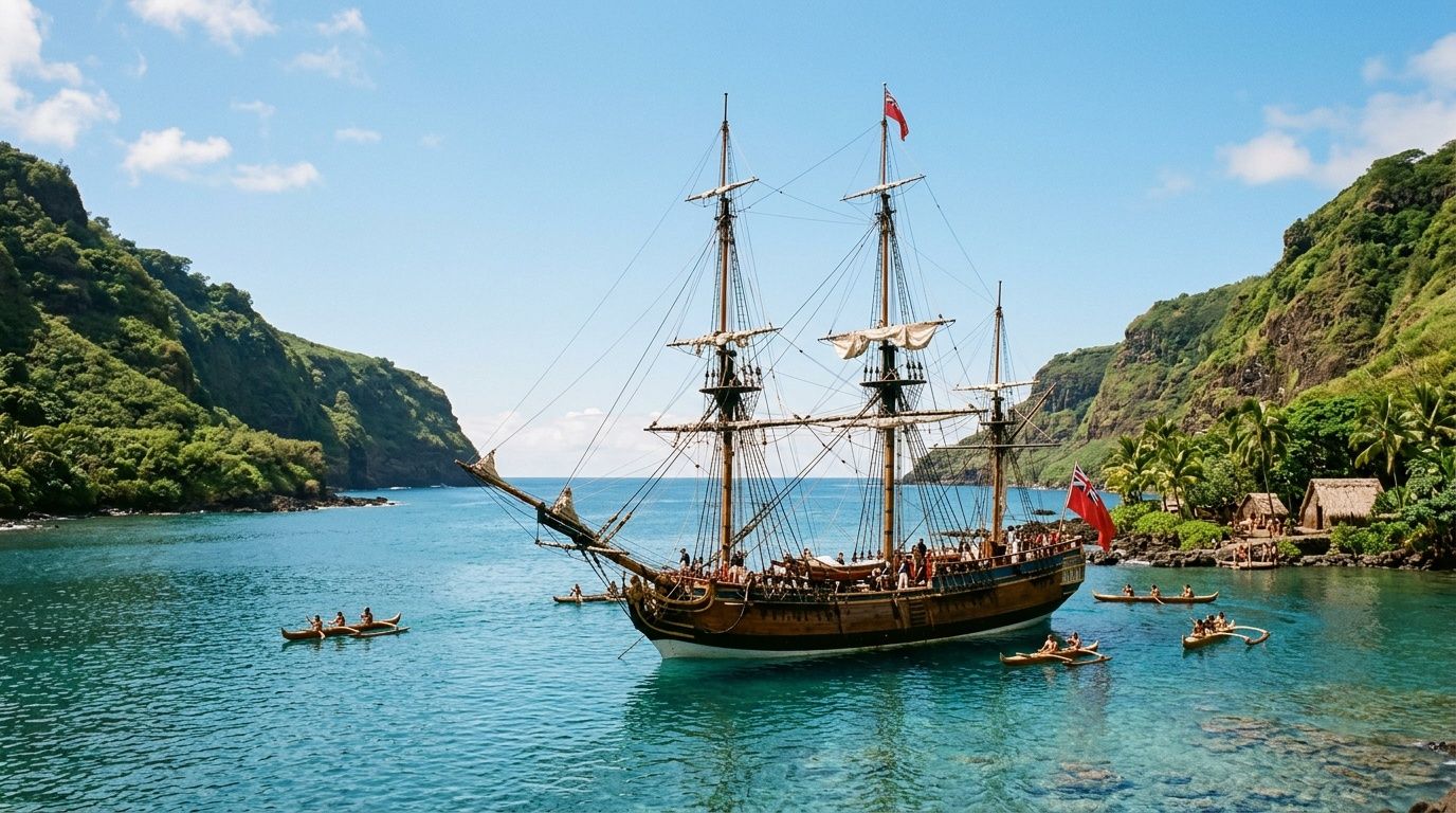 A historic sailing ship anchored in a tropical lagoon surrounded by lush green cliffs and outrigger canoes.