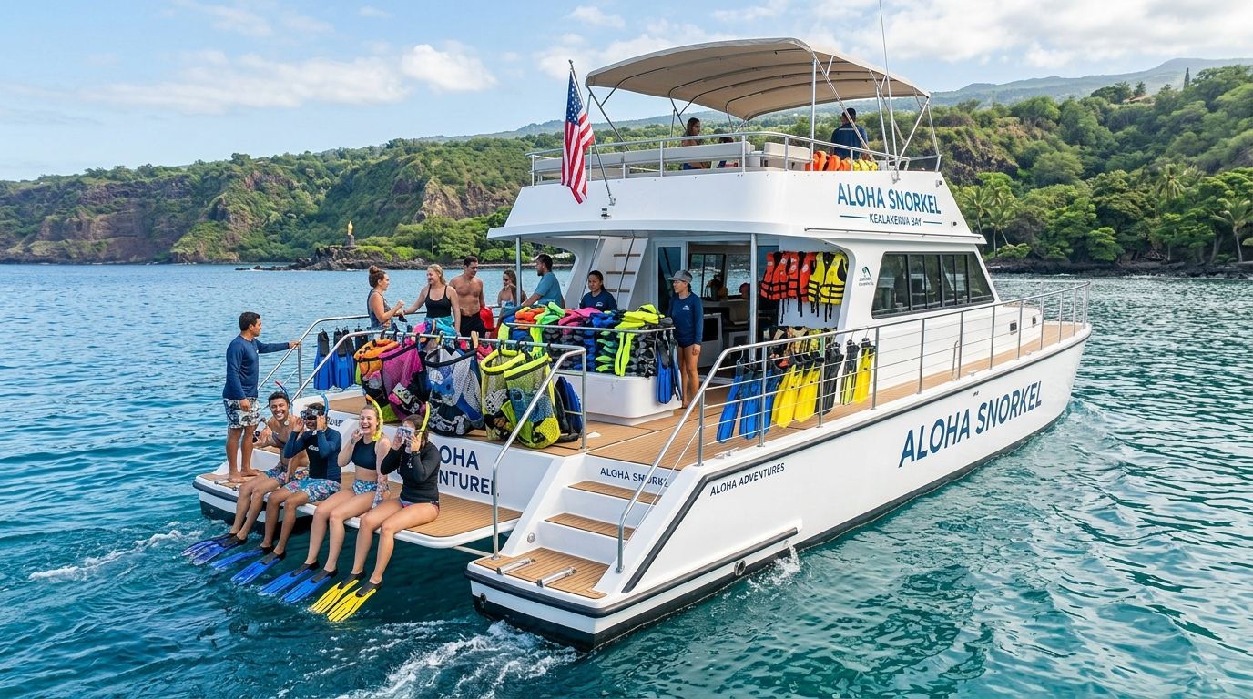 A group of people sitting on the back of a snorkeling tour boat in Kealakekua Bay, Hawaii.