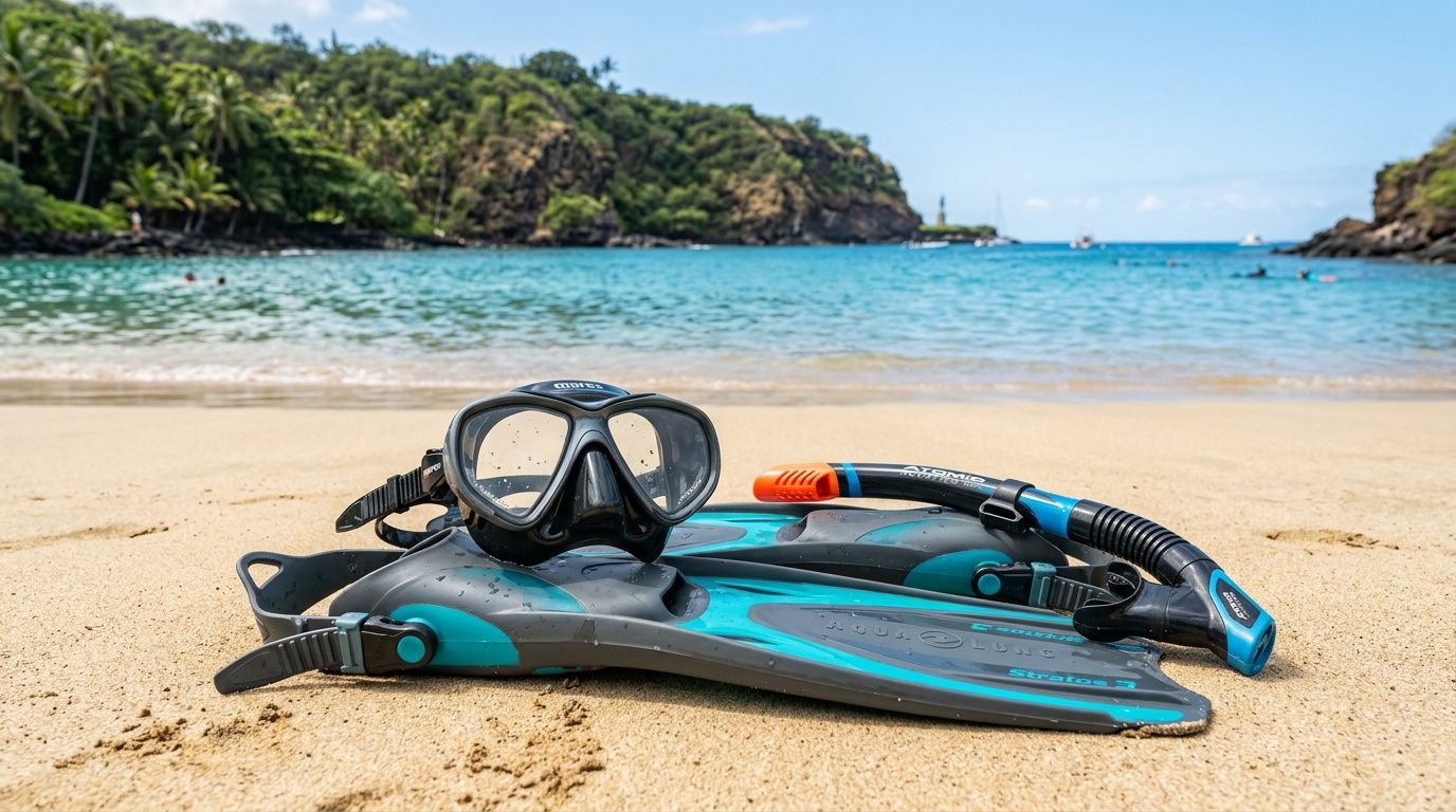 A snorkeling mask and fins set resting on a sunny sandy beach at Captain Cook monument site.