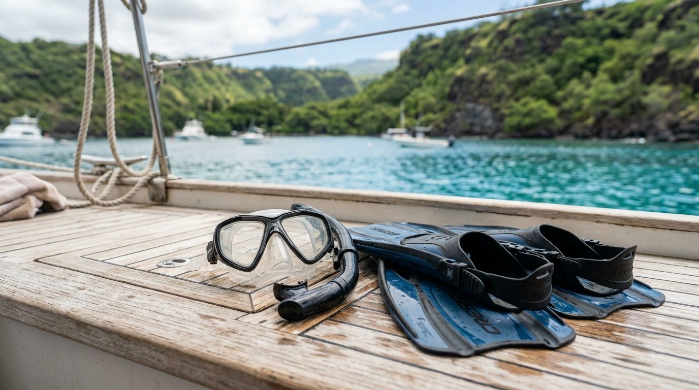 Snorkel gear sits on the wooden deck of a boat moored in a scenic bay.