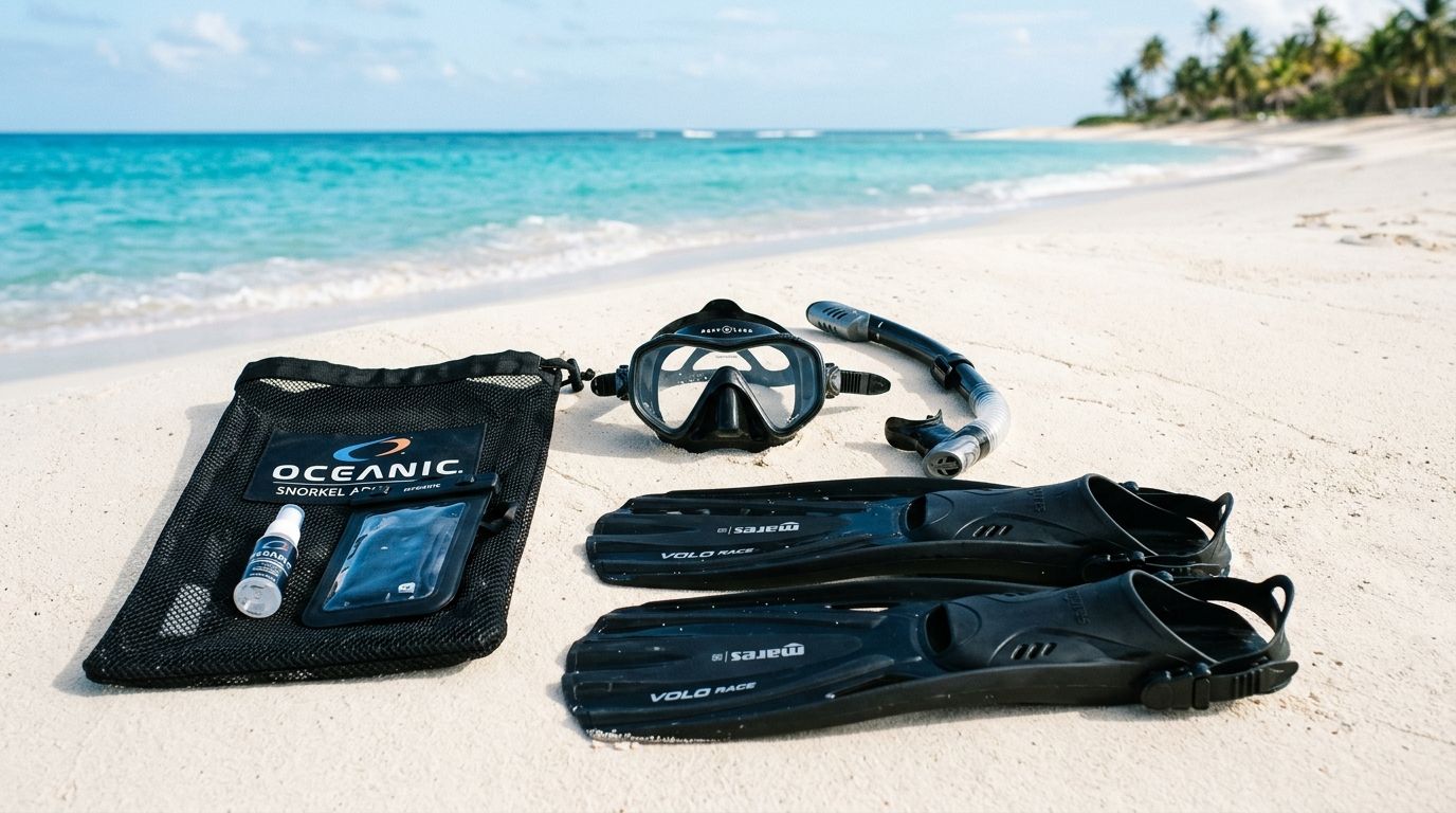 A set of snorkeling gear including a mask, fins, and a snorkel bag on a white sandy beach.