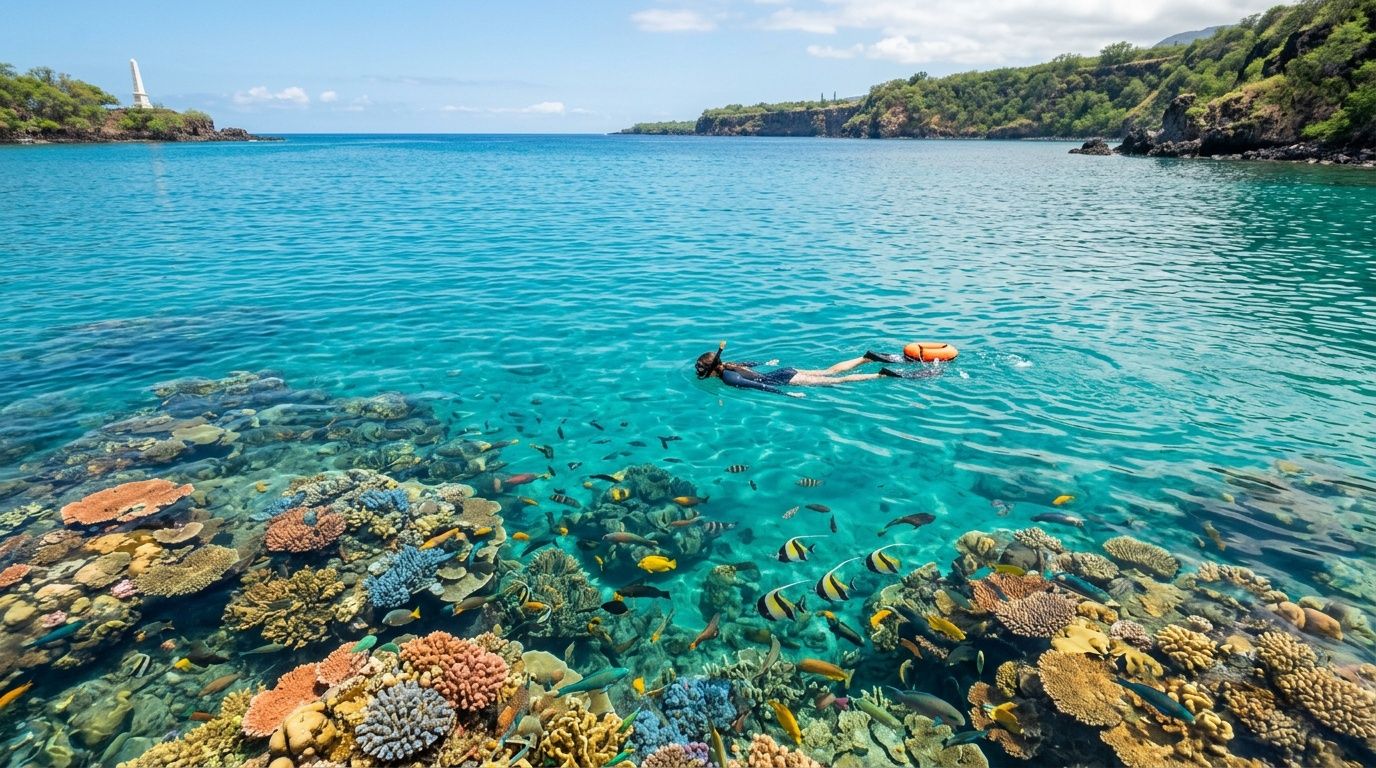 A person snorkels through clear tropical water over a vibrant, colorful coral reef filled with exotic fish.