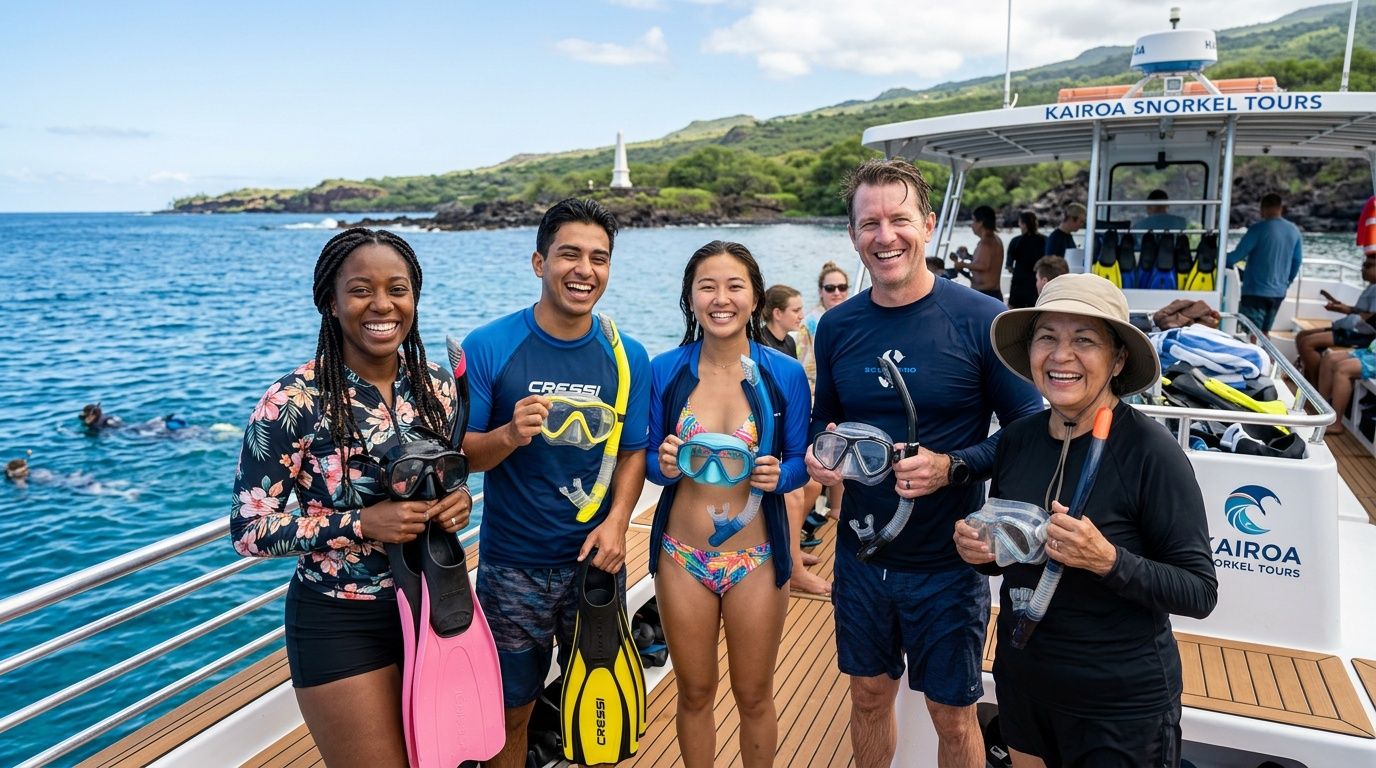 A happy group of tourists pose for a photo on a snorkeling boat near a tropical island.