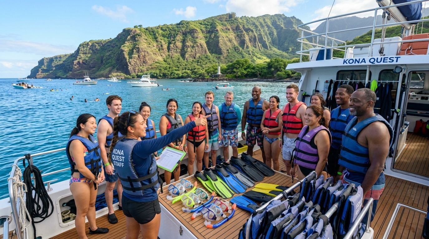 A group of snorkelers on a Kona Quest boat listen to a guide giving instructions.