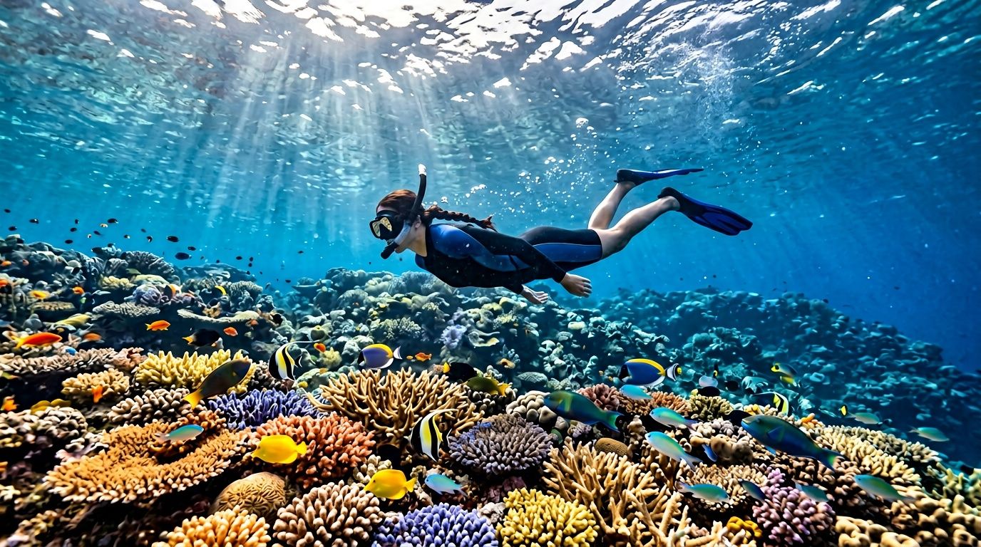 A snorkeler swims gracefully above a vibrant tropical coral reef filled with colorful fish and marine life.