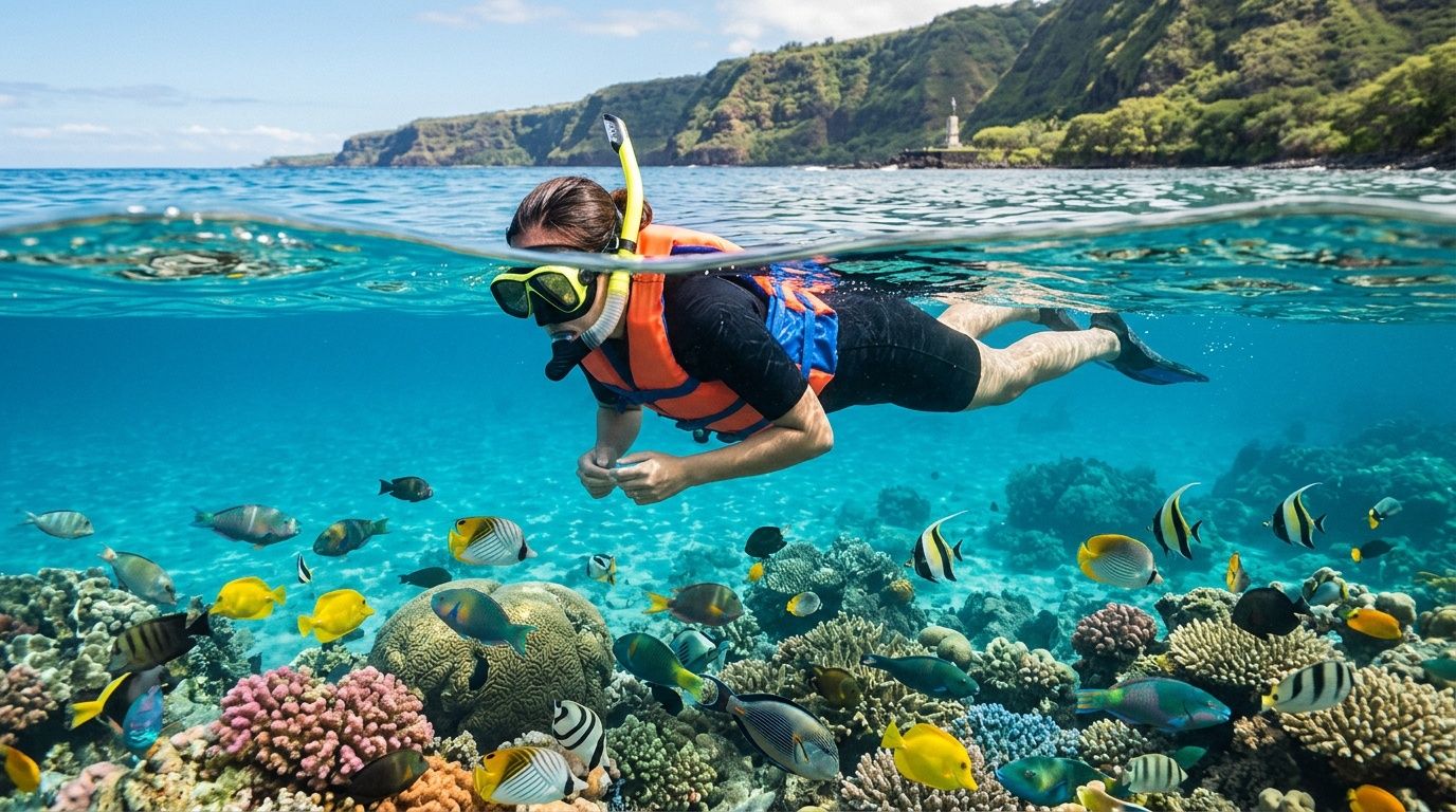 A snorkeler swims in clear blue water with tropical fish and coral reefs at Captain Cook