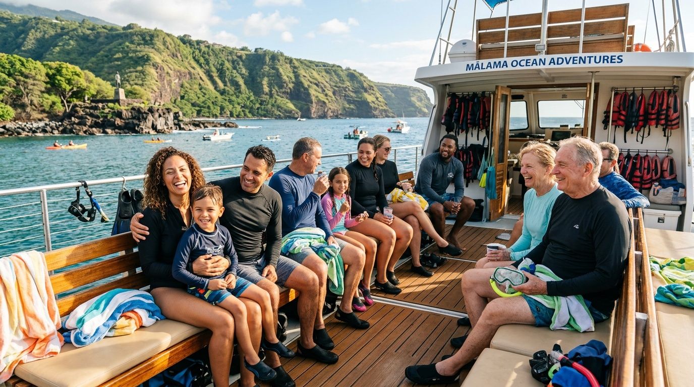 A diverse group of people sitting on a boat during a sunny day at sea.