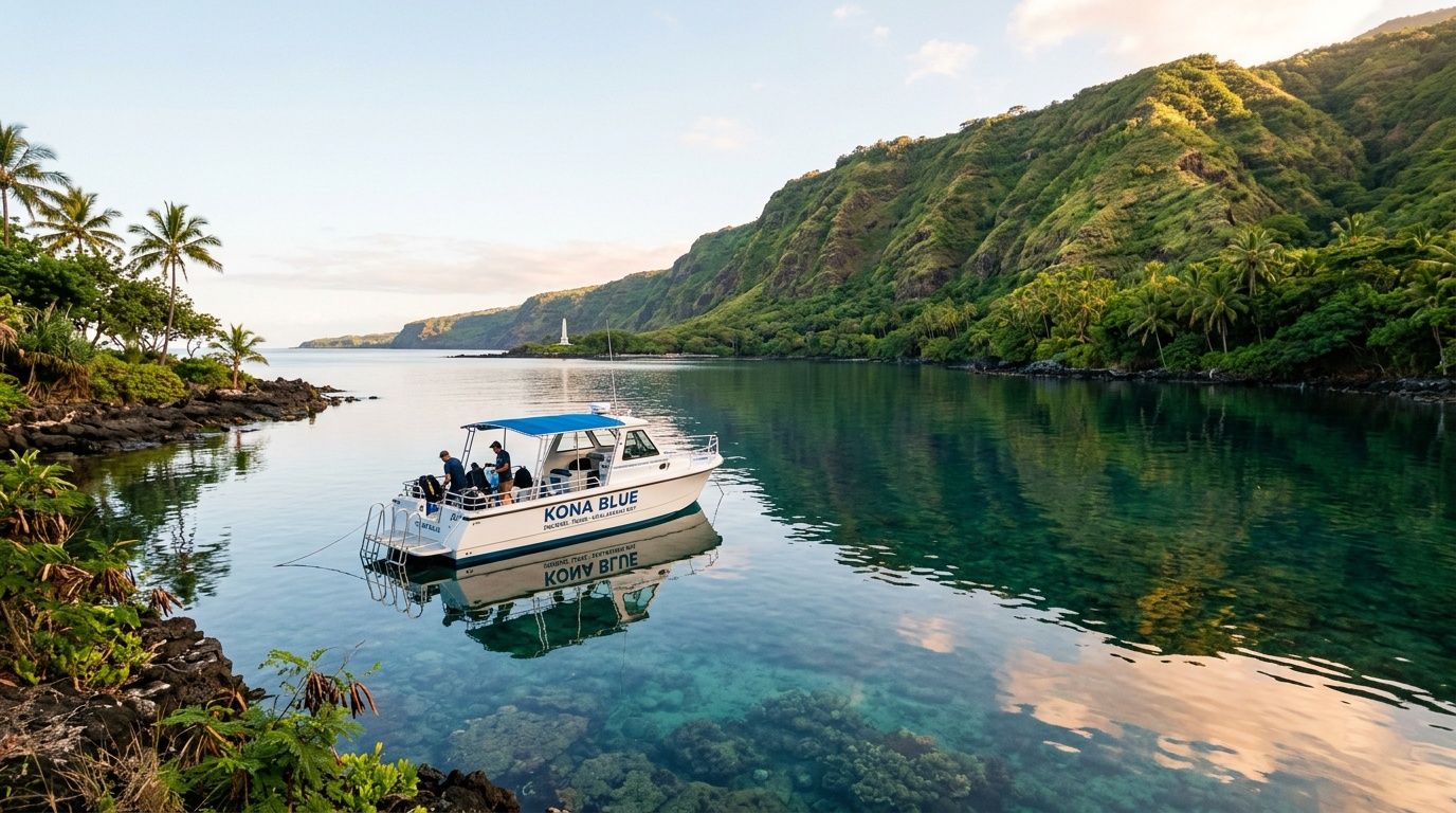 A Kona Blue tour boat anchored in calm, clear tropical waters near a lush green mountainous coastline.