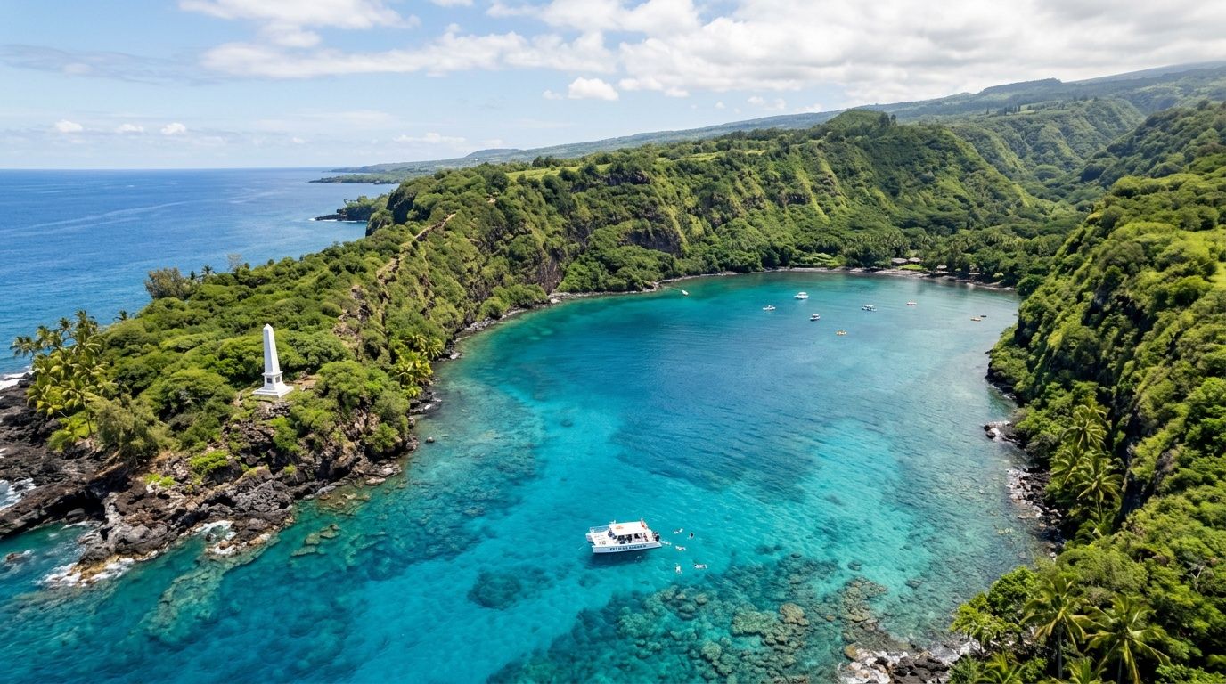 An aerial view of the turquoise Kealakekua Bay featuring the Captain Cook Monument and a snorkeling tour boat.