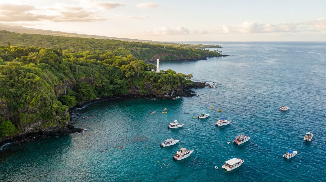Aerial view of boats anchored in the clear turquoise waters near the Captain Cook monument in Hawaii.