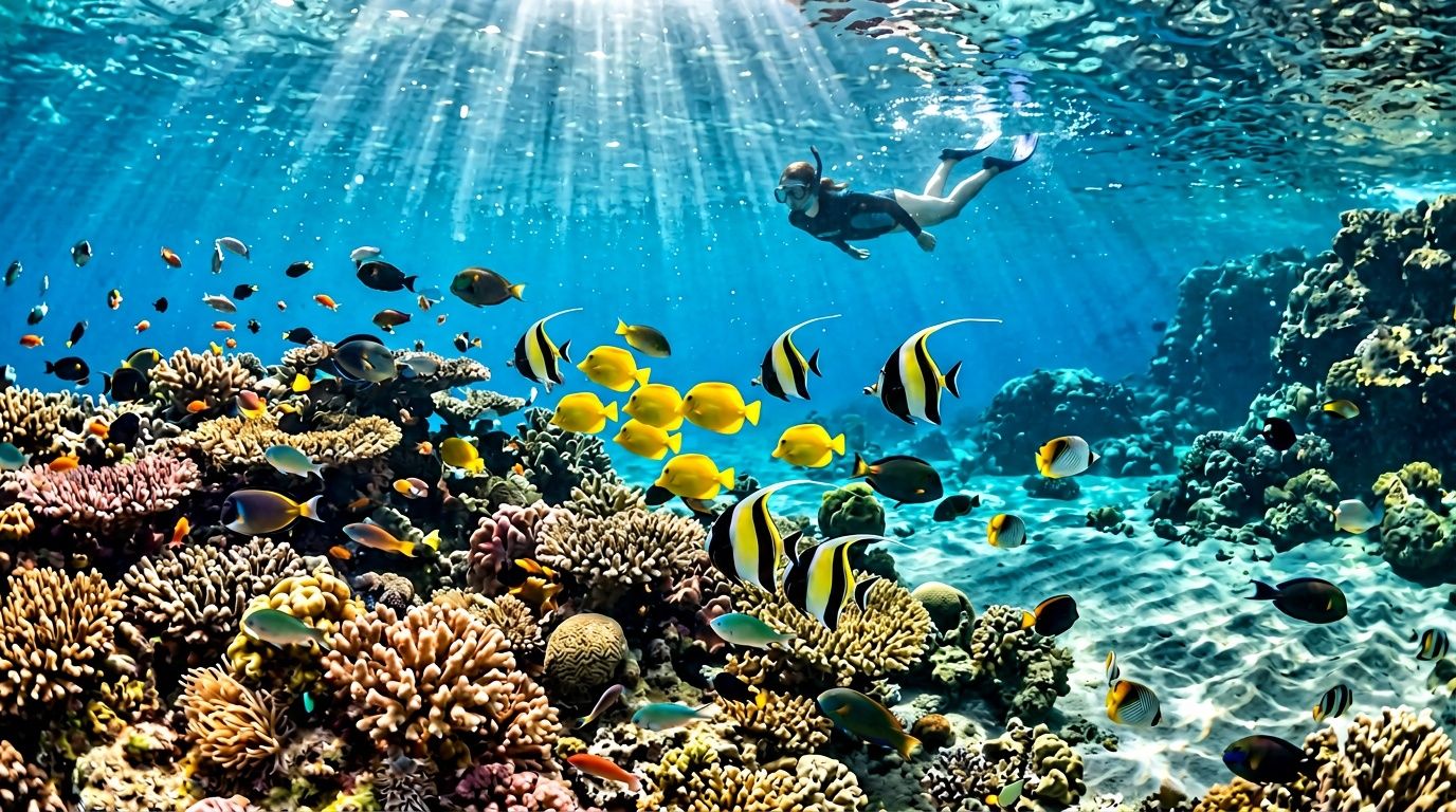A snorkeler swims over a vibrant coral reef filled with colorful tropical fish in crystal clear water.