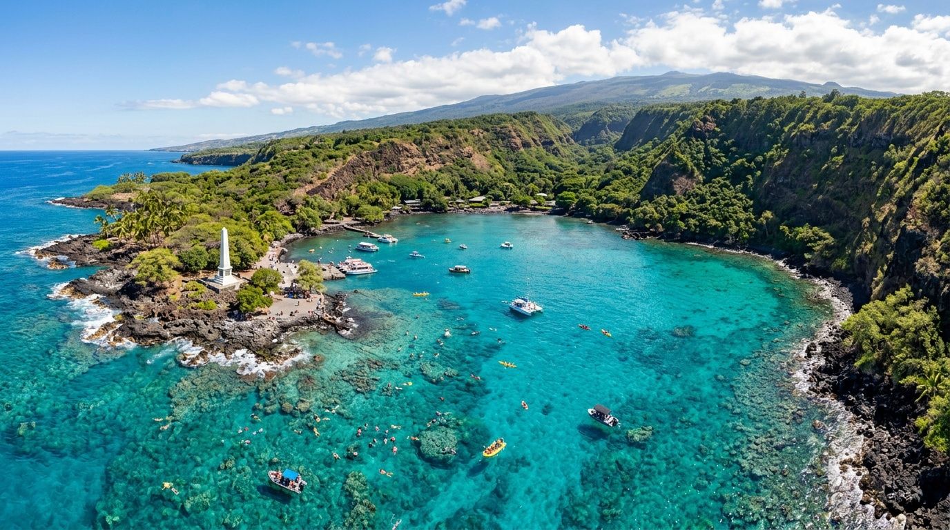 An aerial view of the Captain Cook Monument at Kealakekua Bay with boats and snorkelers in Hawaii.