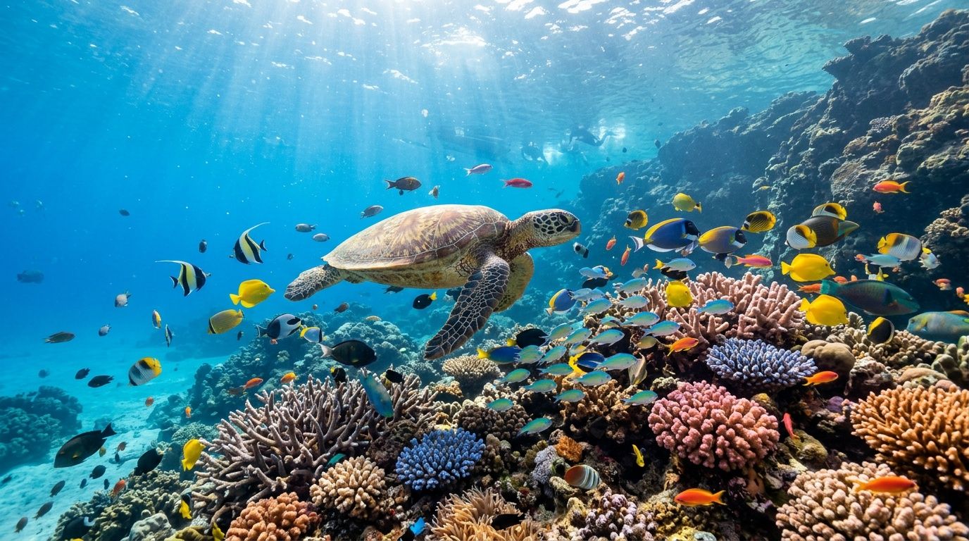 A sea turtle swims over a vibrant coral reef teeming with colorful tropical fish in clear water.