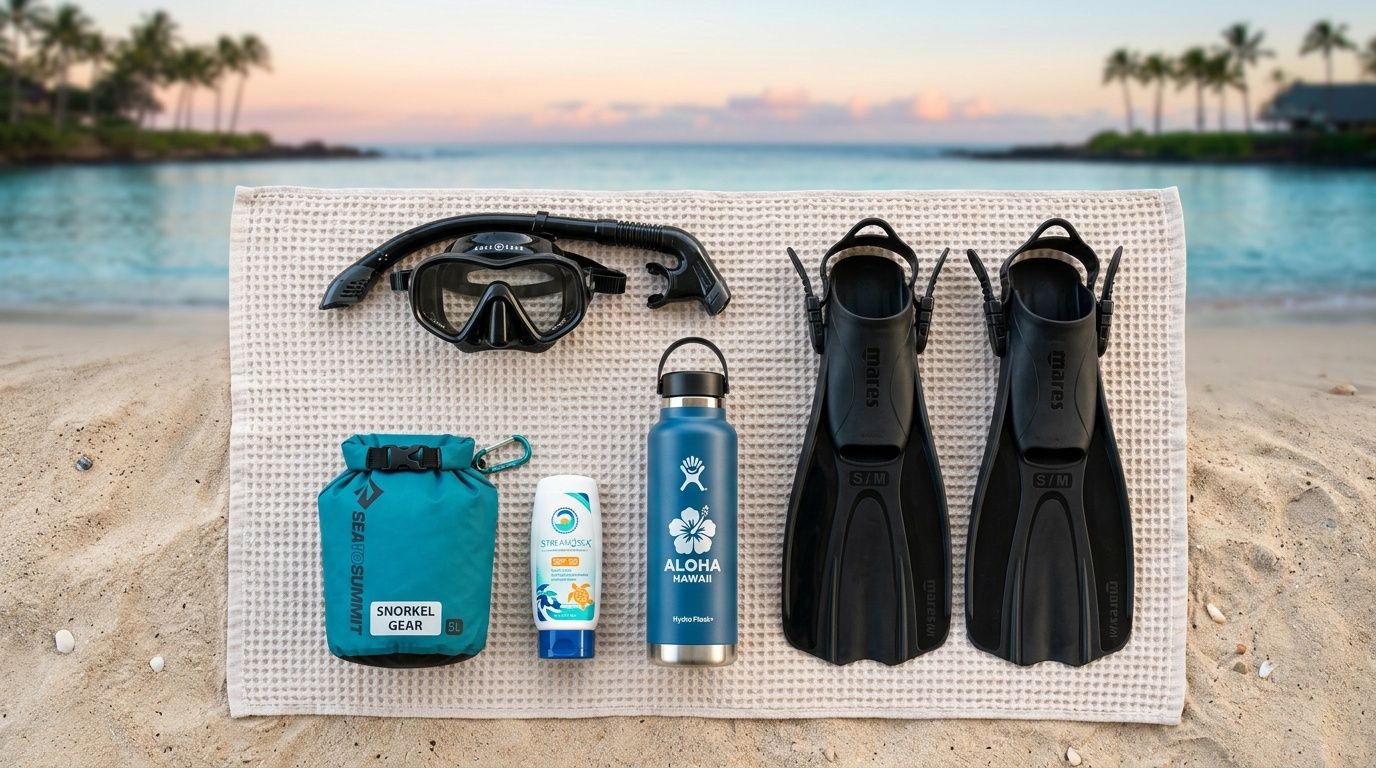 A flat lay of snorkel gear including a mask, fins, dry bag, sunscreen, and water bottle on sand.