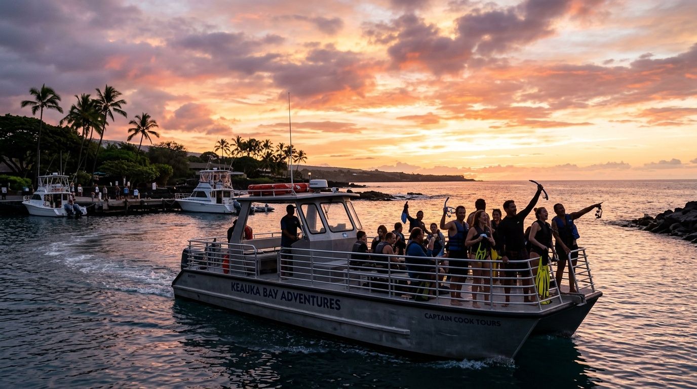 A group of people on a boat during a sunset Captain Cook snorkel tour in Hawaii.