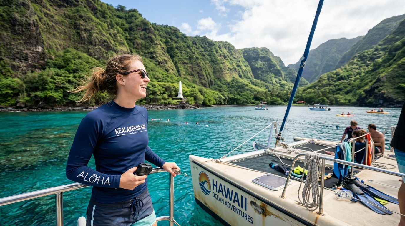 A woman smiles while on a boat trip to Kealakekua Bay for a snorkeling adventure in Hawaii.