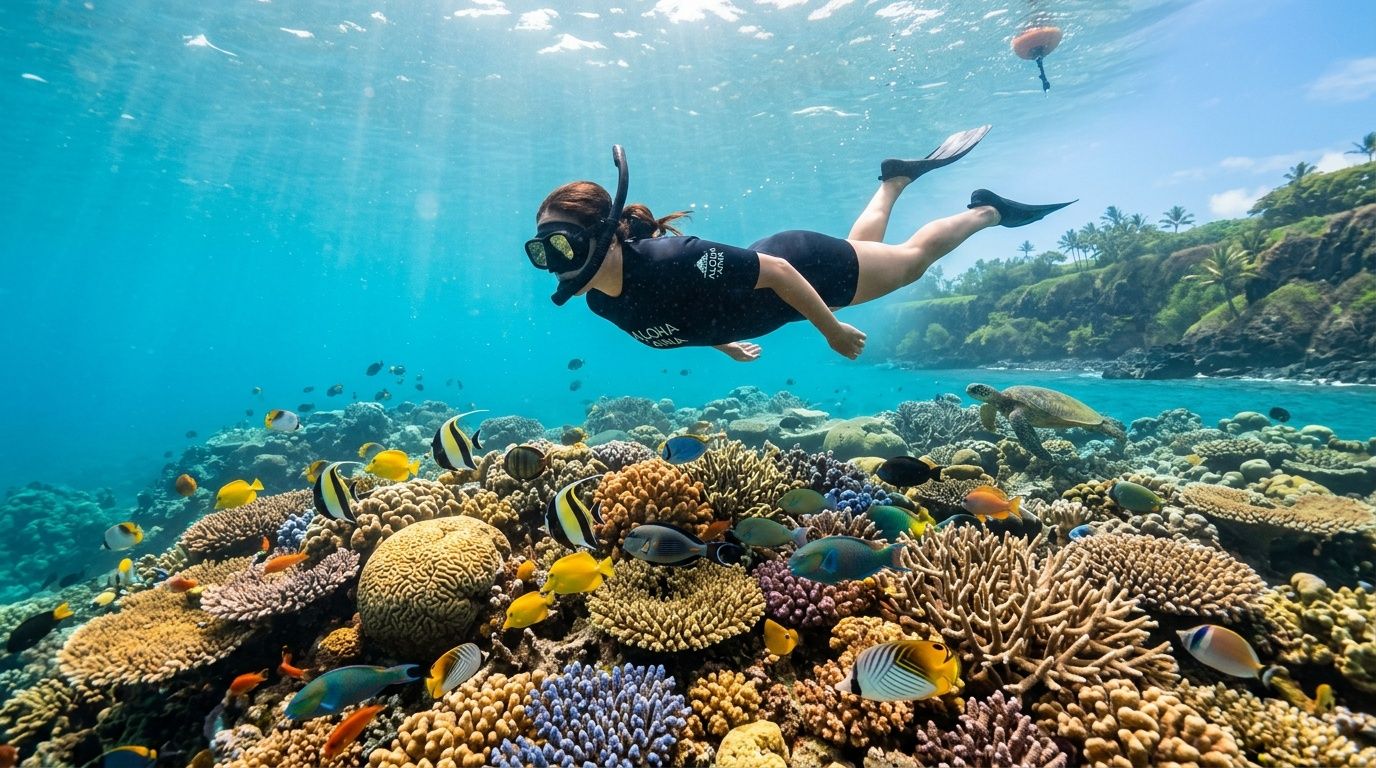 A snorkeler swims gracefully above a vibrant coral reef teeming with colorful tropical fish in crystal-clear water.