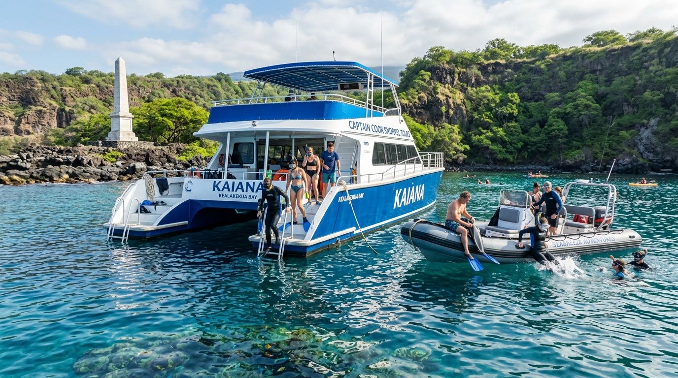 Tourists enjoying a Captain Cook snorkel tour on a boat near the historic monument in Kealakekua Bay.