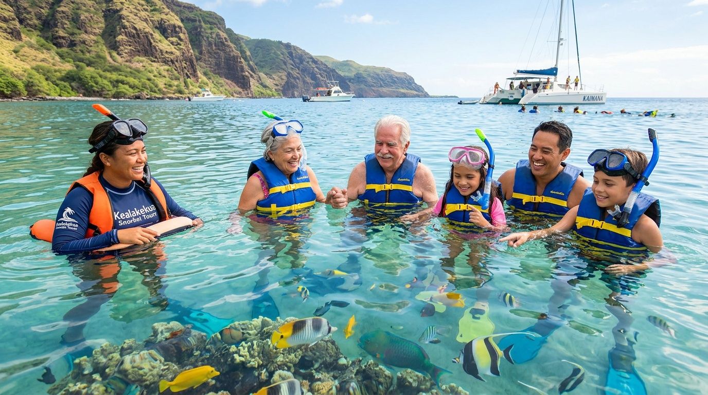 A happy group snorkeling in clear blue water surrounded by vibrant coral reefs and tropical fish.
