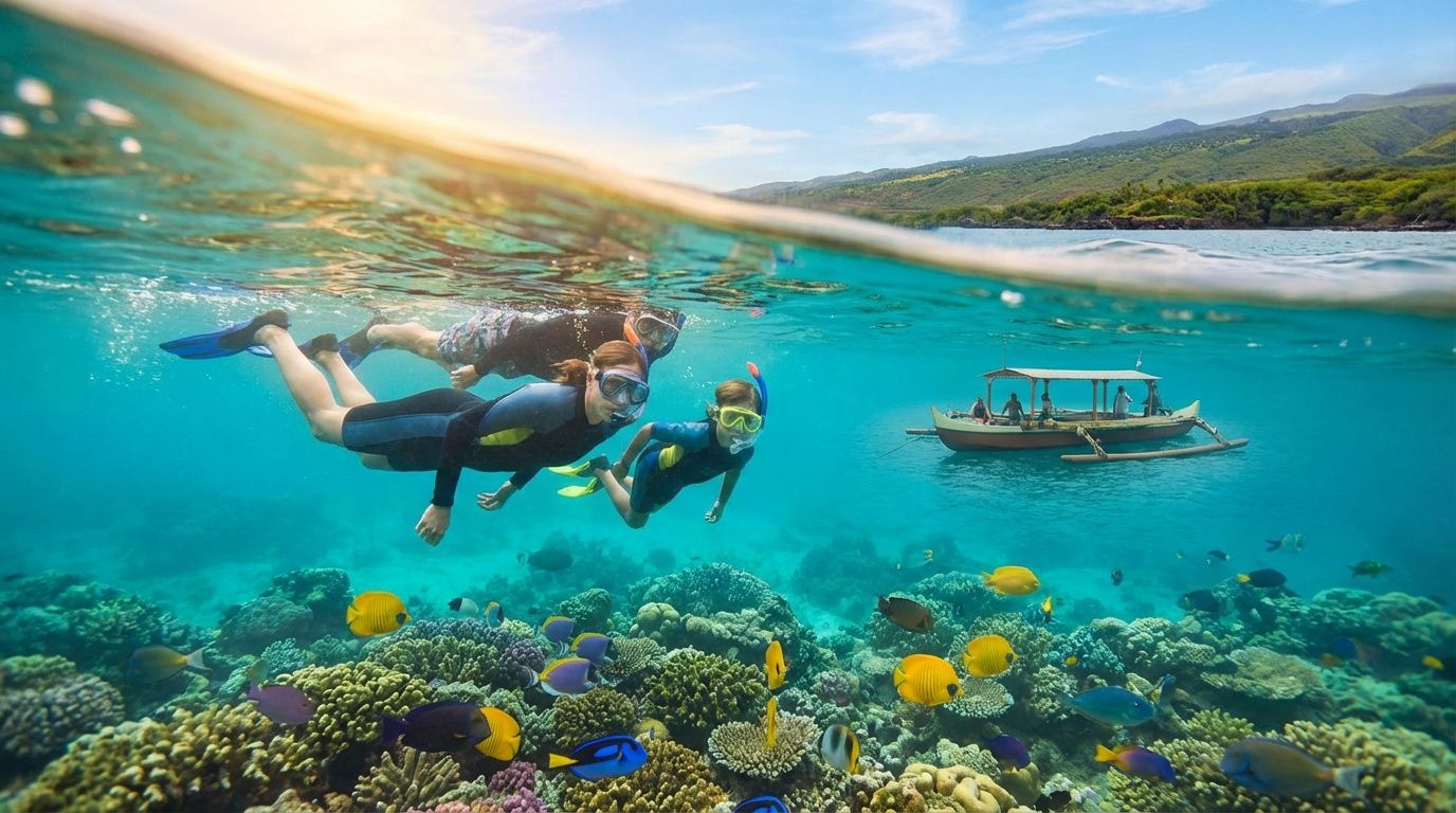 A family enjoying a snorkeling tour while swimming near colorful coral reefs and exotic fish in tropical waters.