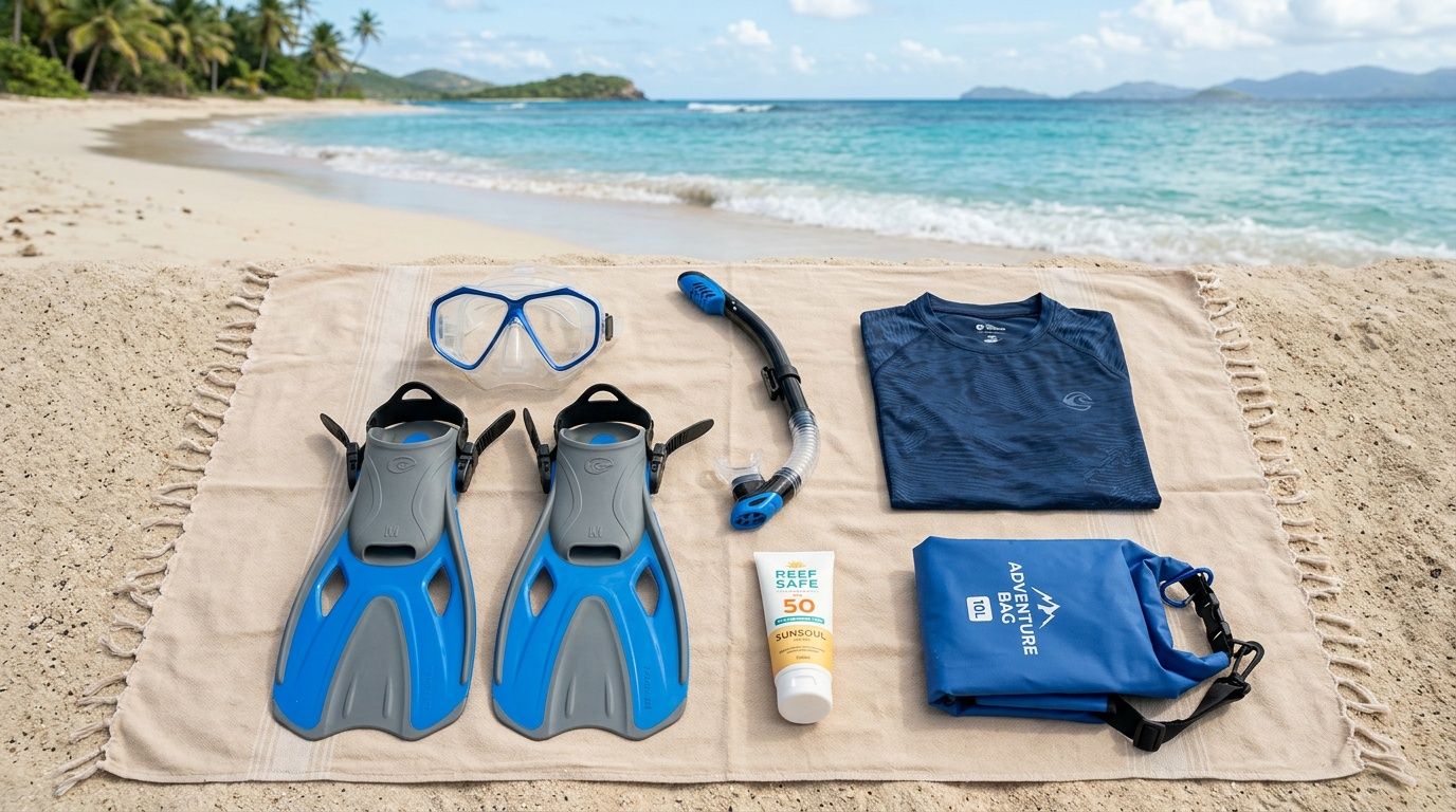 A snorkeling gear set including a mask, fins, snorkel, sunblock, shirt, and a dry bag on a beach.