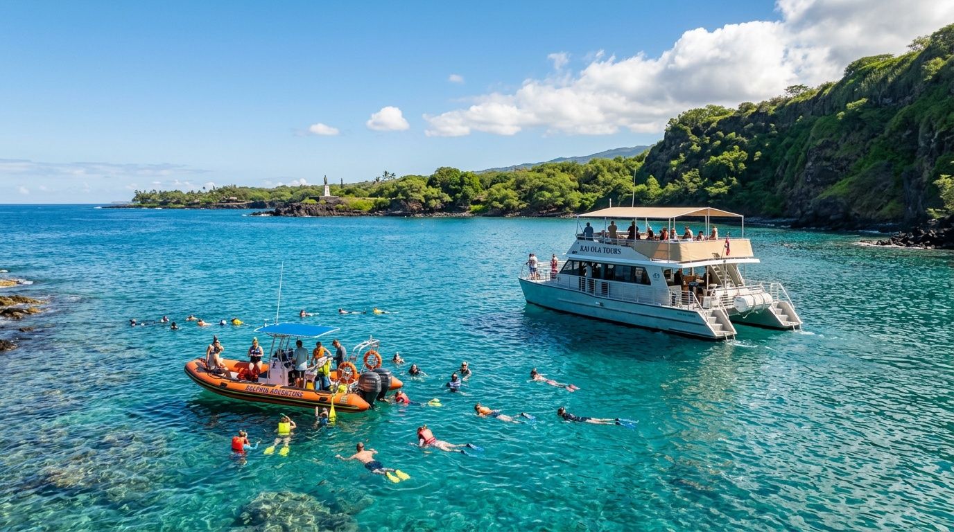 A snorkel tour group swimming in clear turquoise water near a boat and a rocky coastline.