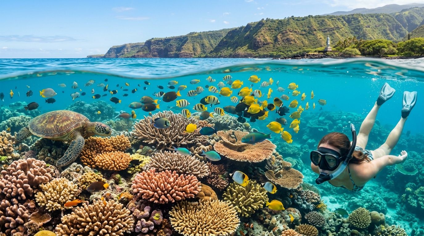 A snorkeler swims near a sea turtle and vibrant coral reefs in clear tropical blue water.