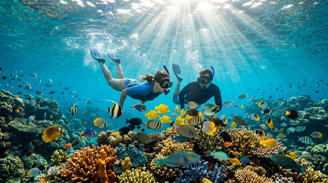 Two snorkelers swimming with colorful tropical fish over a vibrant coral reef in clear blue ocean water.