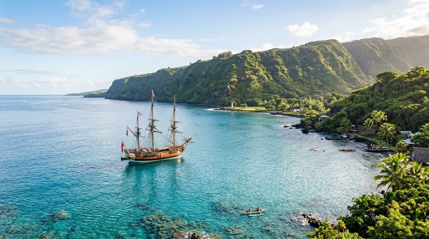 A large historic tall ship anchored in a tropical turquoise bay near lush green Hawaiian volcanic cliffs.