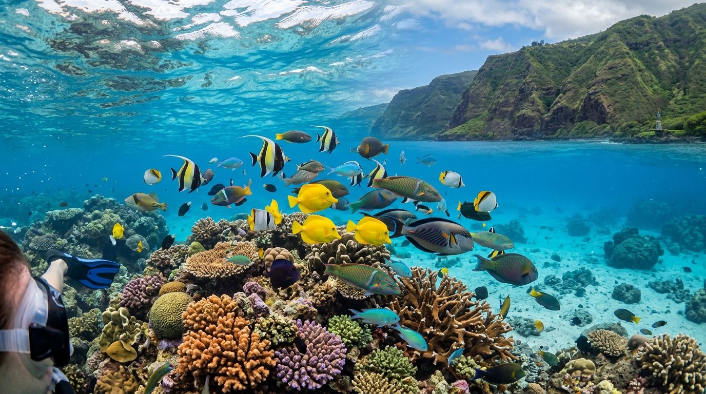 A snorkeler explores a vibrant coral reef filled with colorful tropical fish near a mountainous island shore.