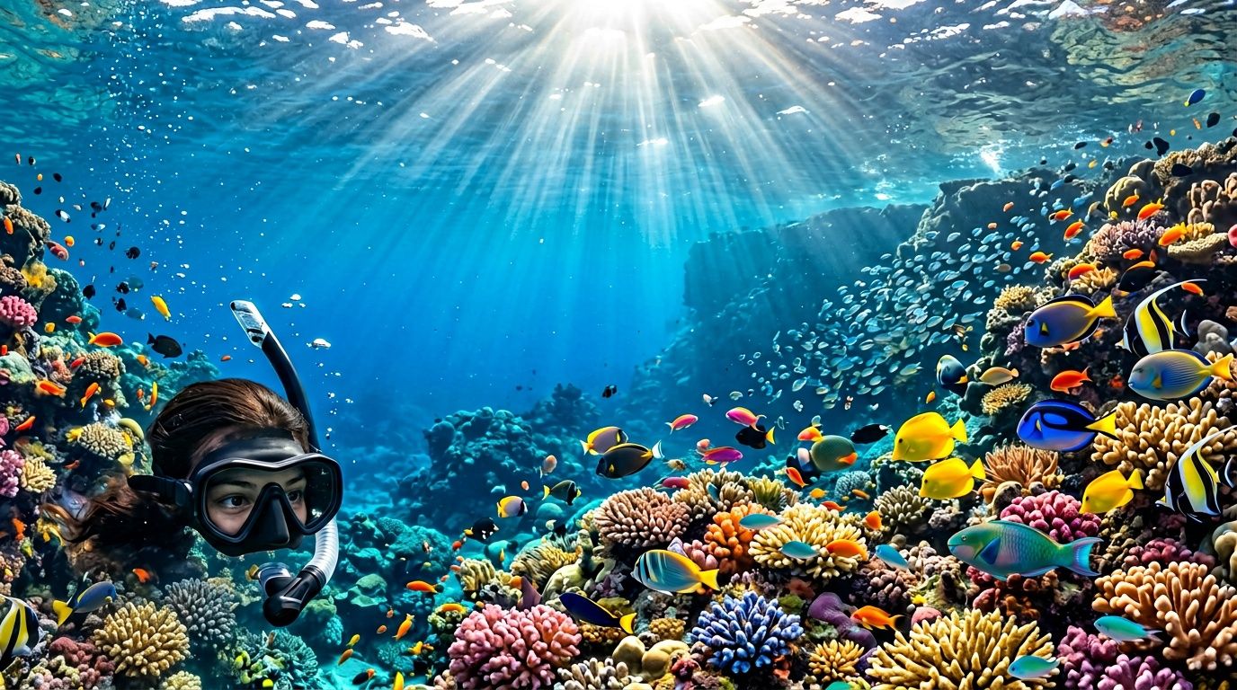 A snorkeler explores a vibrant coral reef filled with colorful tropical fish under bright sunlight underwater.