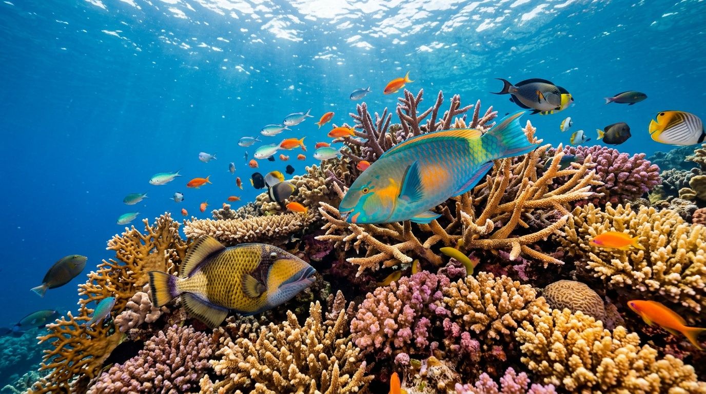 A vibrant coral reef ecosystem teeming with colorful tropical fish swimming near intricate branching corals underwater.