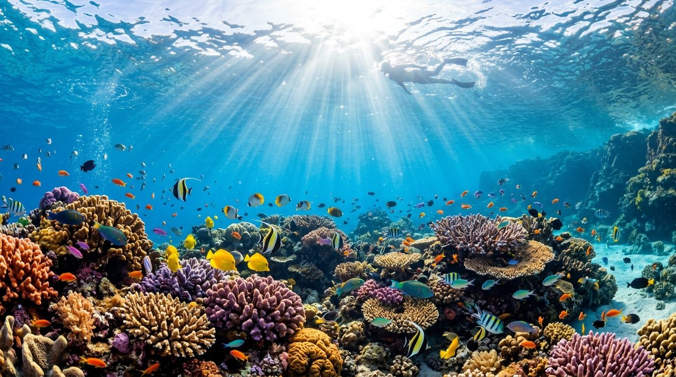 A person snorkeling above a vibrant coral reef filled with colorful tropical fish under bright sunlight.