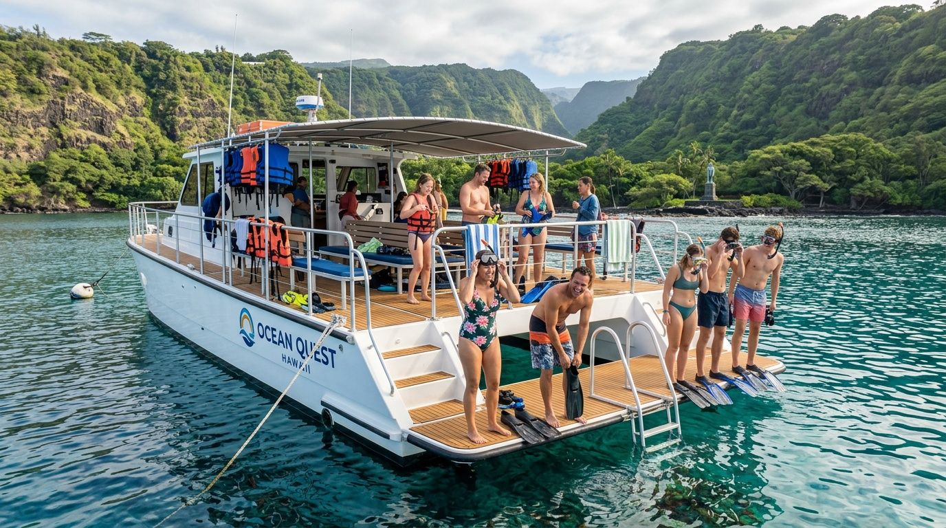A group of people preparing to go snorkeling from an Ocean Quest boat in Hawaii.