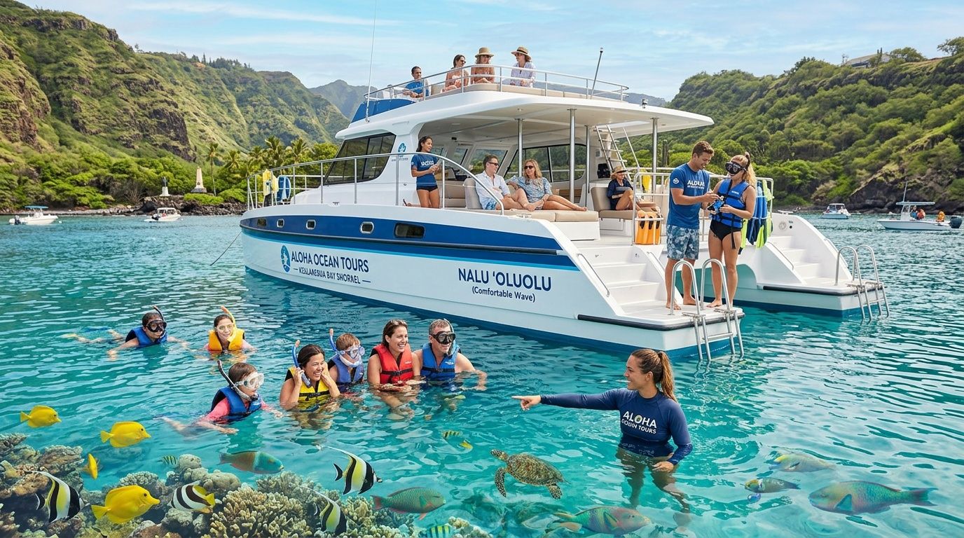 Tourists enjoying snorkeling and a sea turtle sighting near the Nalu 'Oluolu catamaran in Kealakekua Bay.