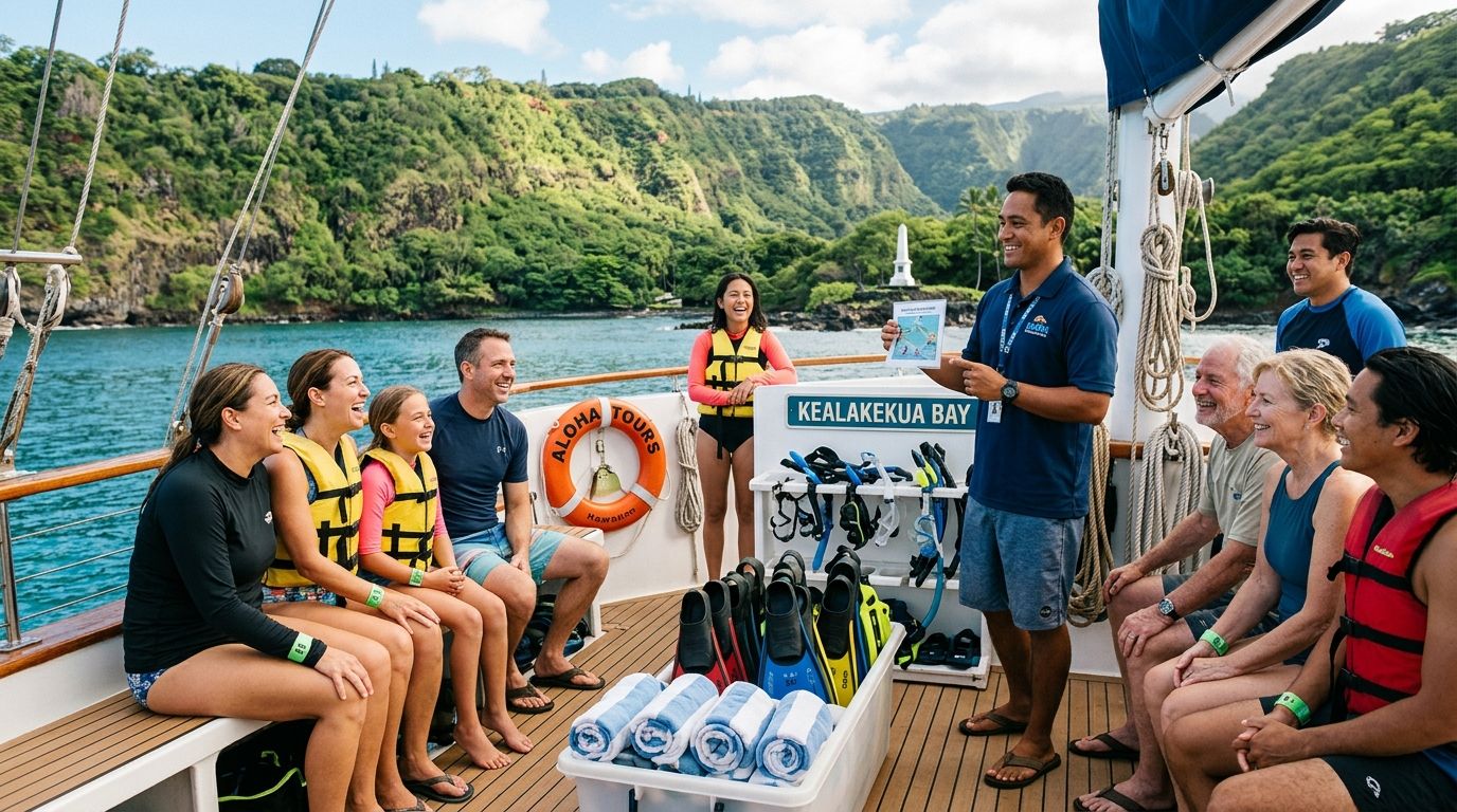A tour guide explains snorkeling safety to a group of guests on a boat in Kealakekua Bay.