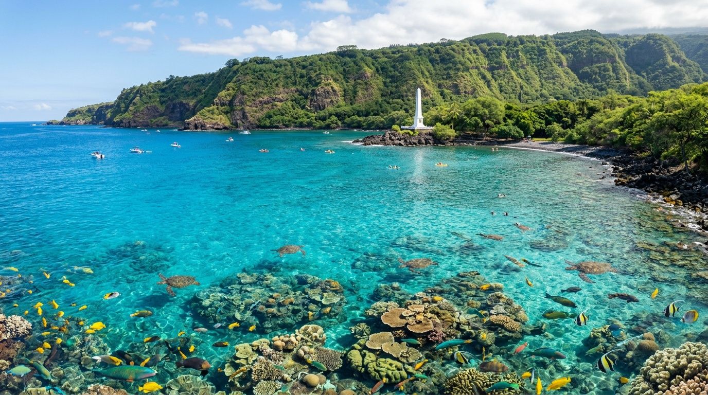 Snorkelers swim in the clear blue waters of Kealakekua Bay near the Captain Cook Monument in Hawaii.