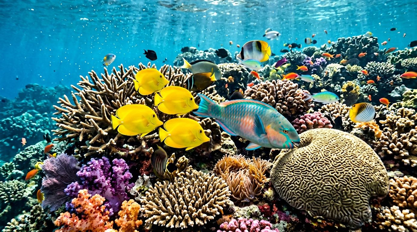 Vibrant coral reef teeming with colorful tropical fish swimming underwater in a clear blue ocean environment.