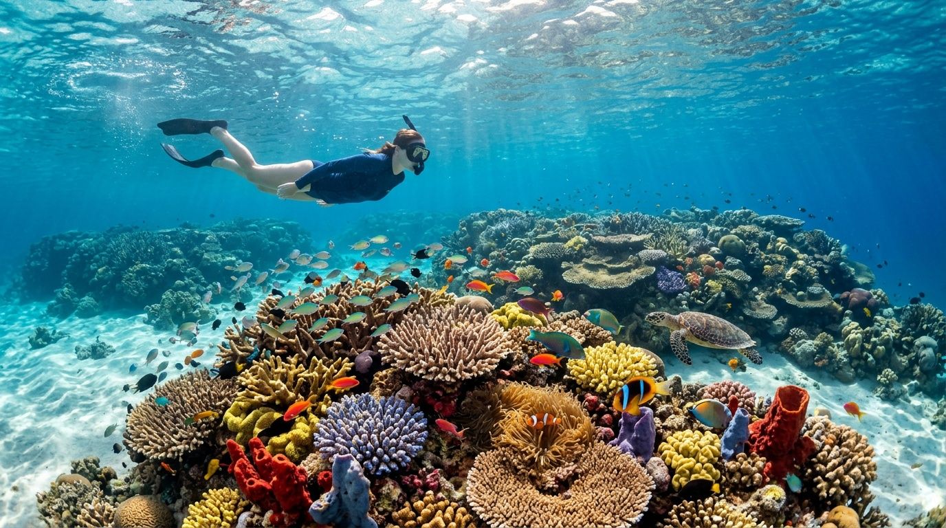 A snorkeler swims near a colorful coral reef teeming with tropical fish and a sea turtle.