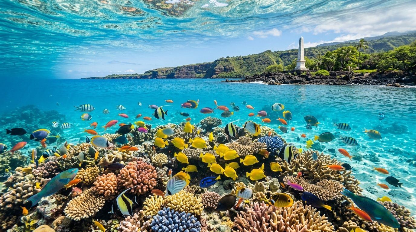 A vibrant coral reef teeming with colorful tropical fish near the Captain Cook monument in Kealakekua Bay.